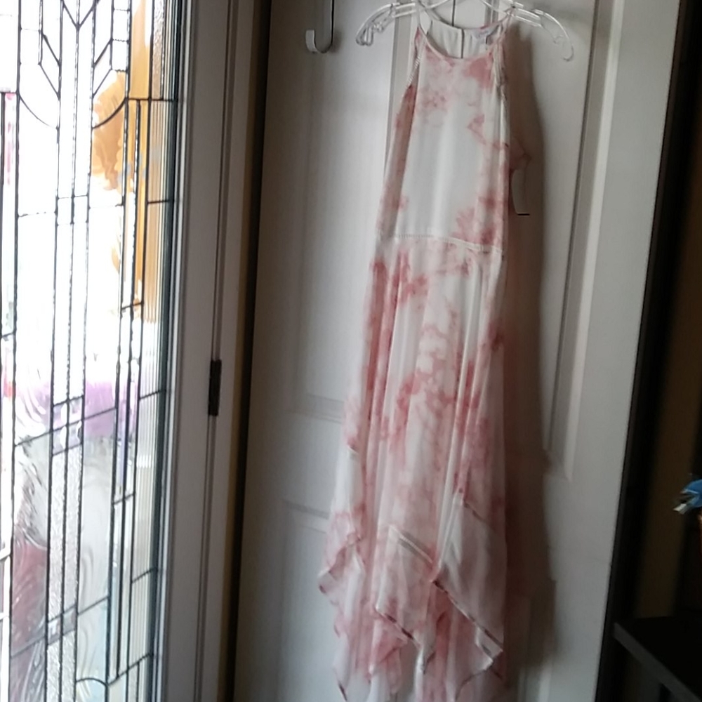 Woman pink flowing slip dress